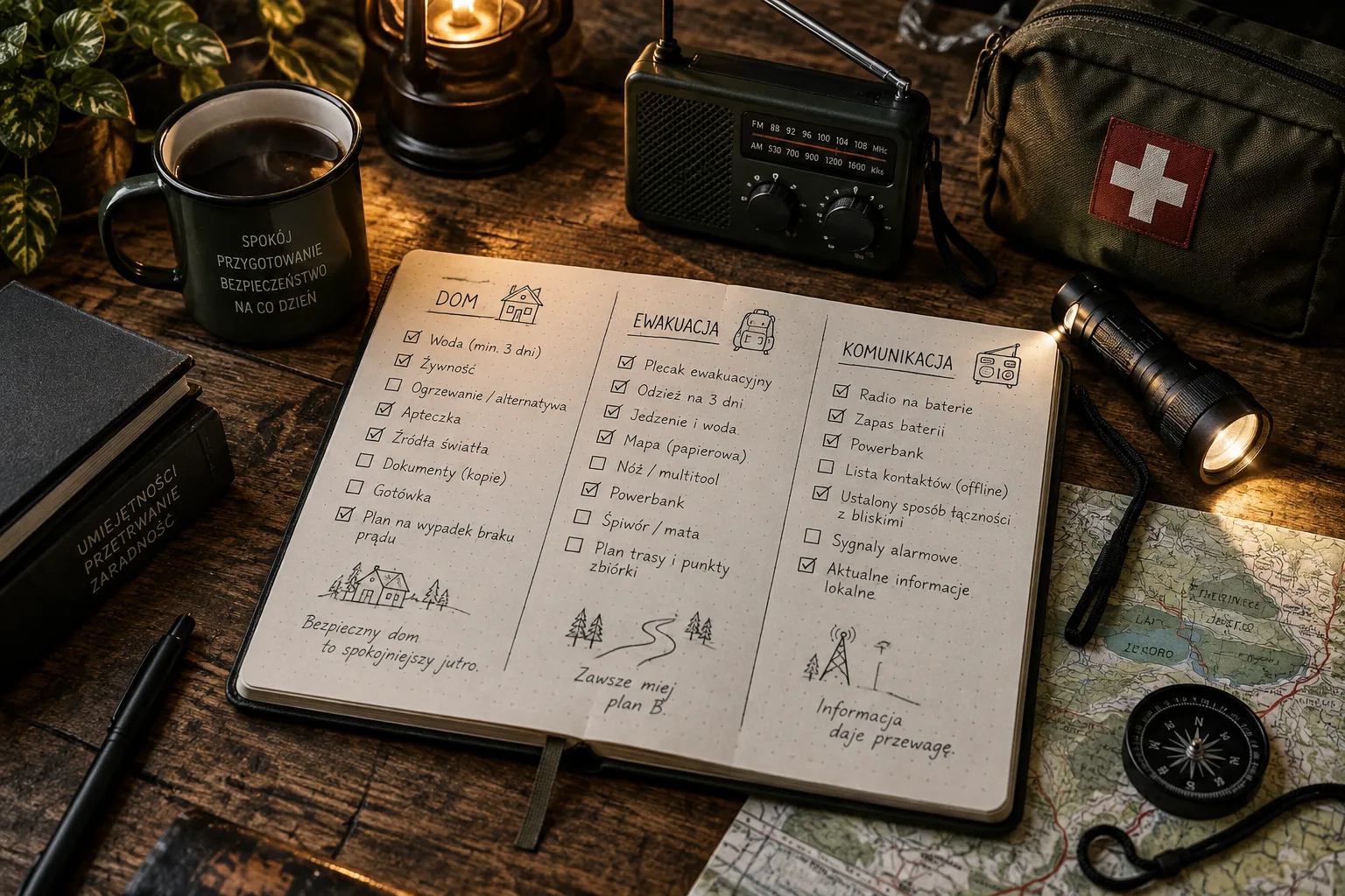 Poradnik, mapa, radio i latarka przy planowaniu przygotowania kryzysowego