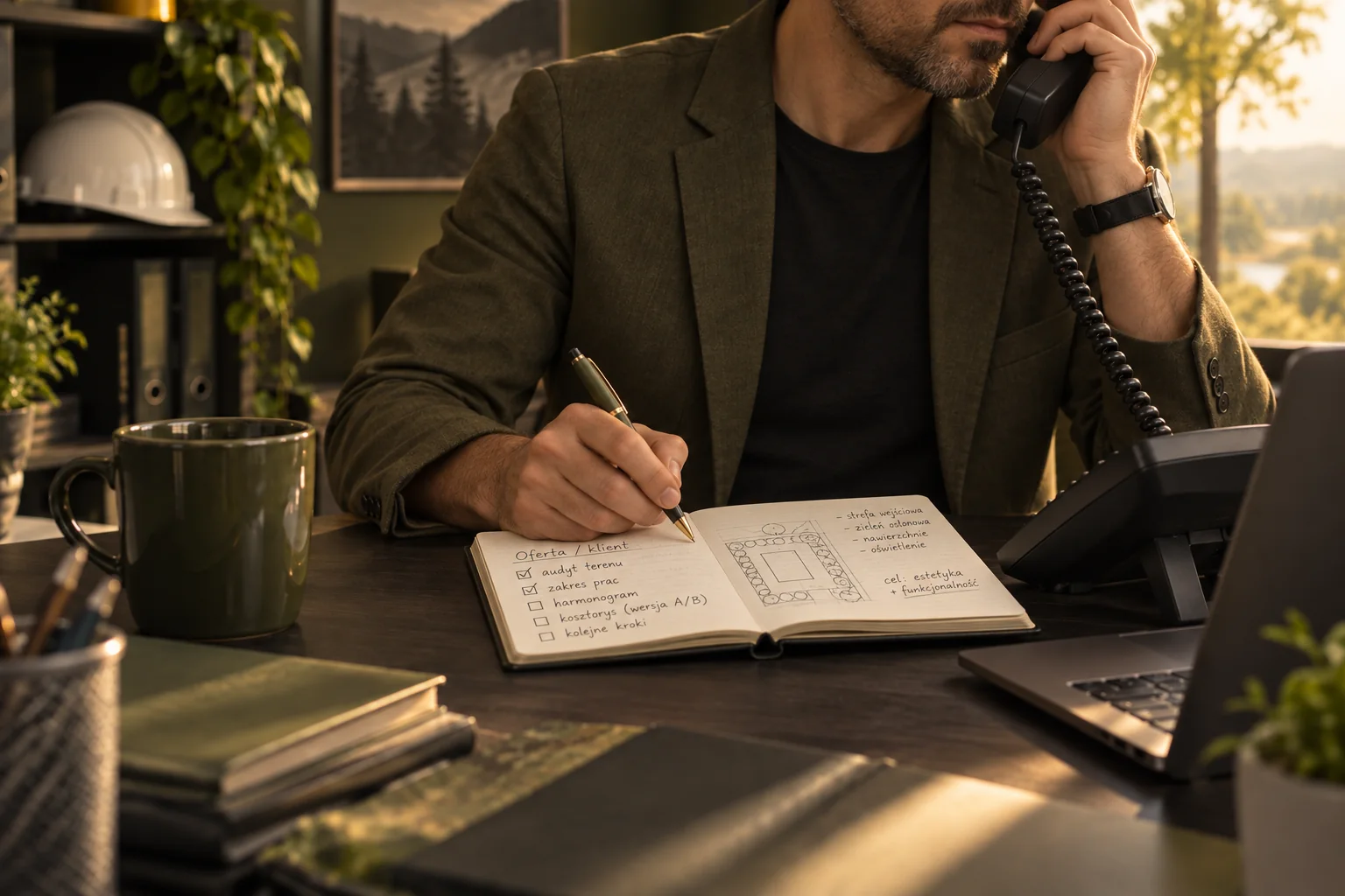 Mężczyzna odbiera telefon i zapisuje ustalenia dotyczące oferty oraz audytu
