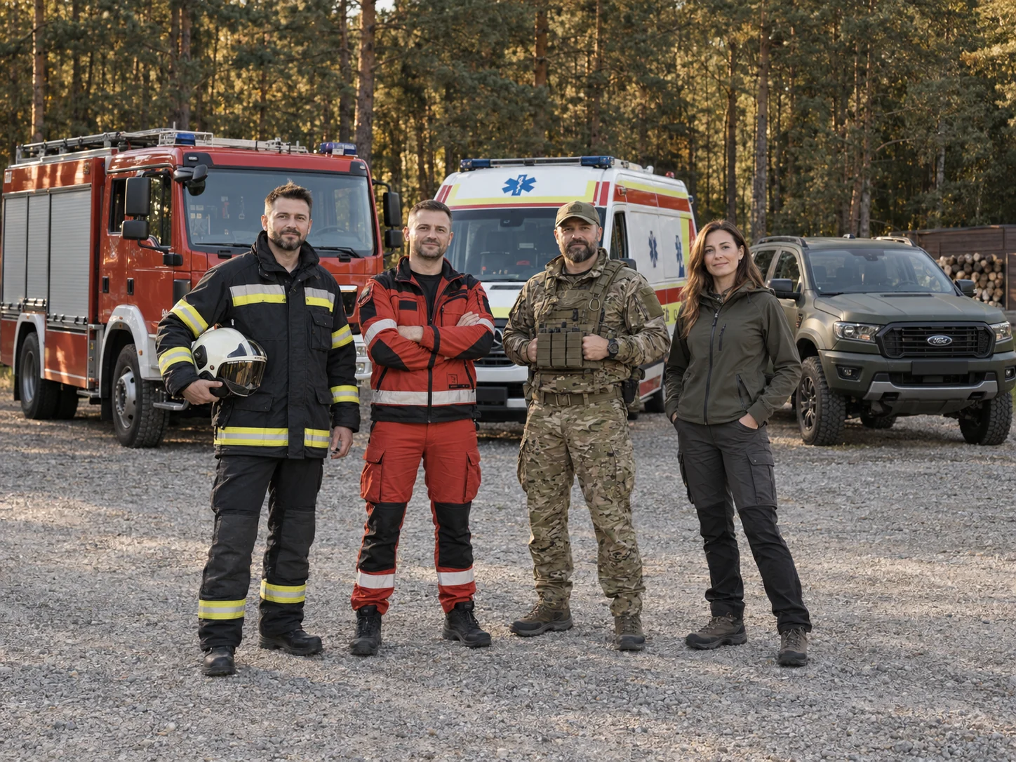 Wizualizacja: strażak, ratownik medyczny, instruktor w kamuflażu i psycholożka przed wozem strażackim, ambulansem i Fordem Rangerem khaki